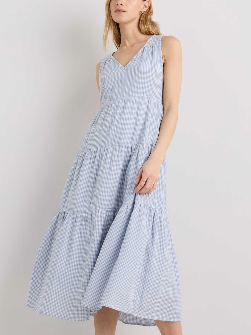 Quince 100% Organic Cotton Gauze Tiered Maxi Dress Blue Stripe Size Medium